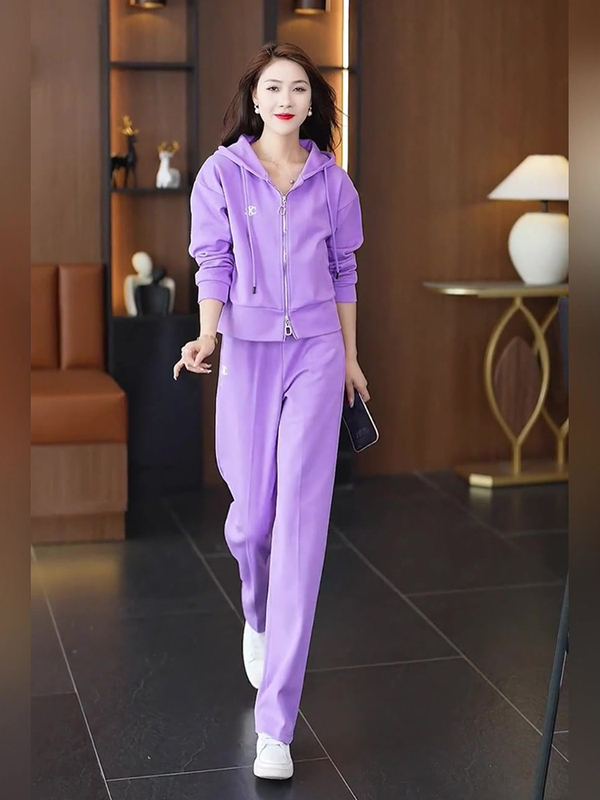 Purple Casual Sportswear Set for Women, with a Light Luxury and High-End Feel, Concealing Flaws and Slimming, Sweatshirt for Summer, Complete Trendy Outfit