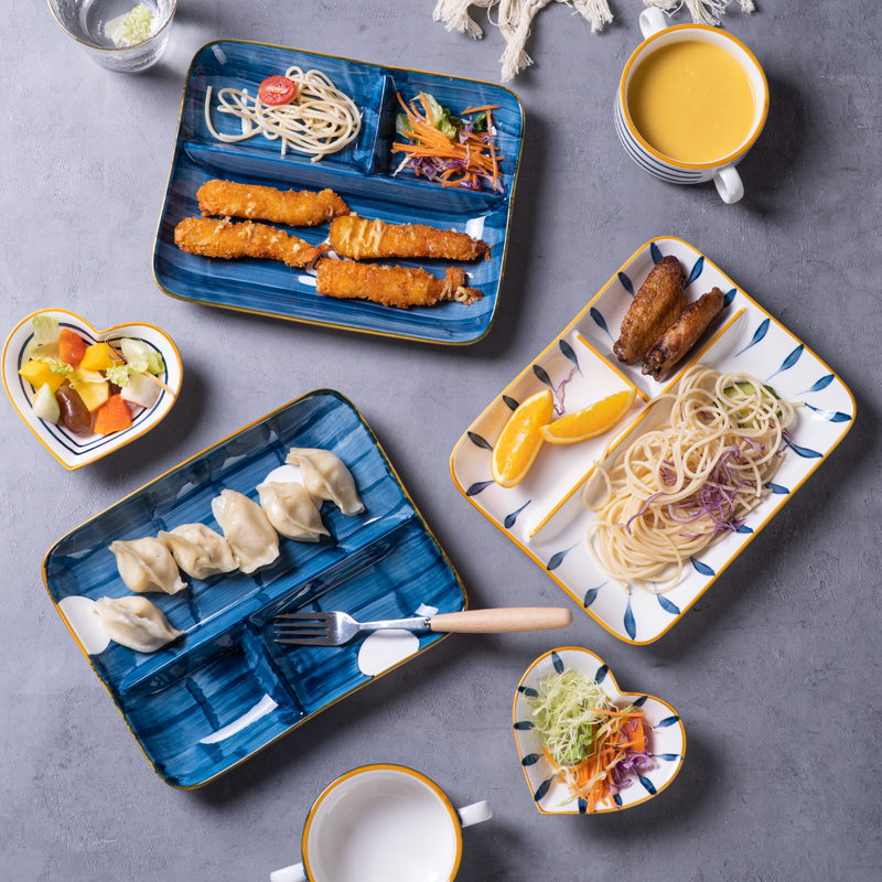 Japanese one-person tableware Household ceramic dish set Nordic creative net Red fat reduction three-grid plate plate