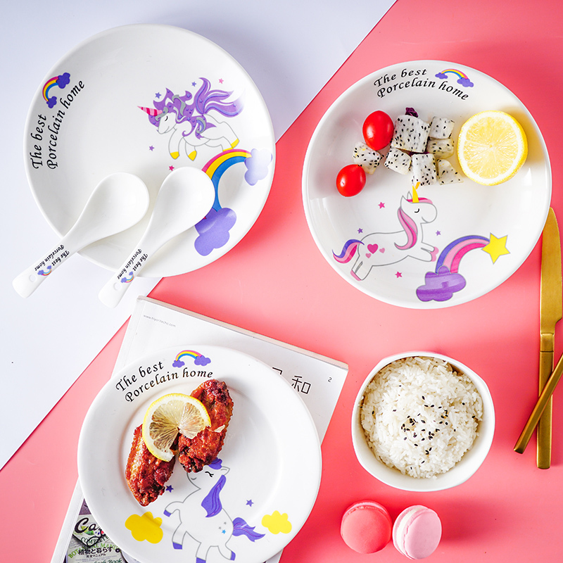 Creative Unicorn Ceramic Children's Tableware Set for Home Use, Trendy and Attractive Bowl, Plate, and Soup Bowl Combination Creative Unicorn Ceramic Children's Tableware Set for Home Use, Trendy and Attractive Bowl, Plate, and Soup Bowl Combination
