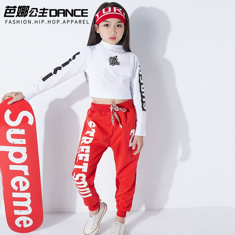 Trẻ em gái mặc trang phục jazz dance Hàn Quốc hip-hop hip-hop phù hợp với trẻ em nhảy hiện đại rốn áo dài mới - Trang phục