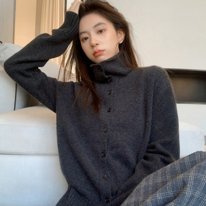 New Autumn and Winter 100% Pure Wool Knitwear Charcoal Gray Cardigan High Collar Two-Way Wear Loose Pullover Sweater for Women
