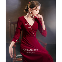 Bride toast wine red can usually wear 2021 spring new long-sleeved engagement dress thin dress female