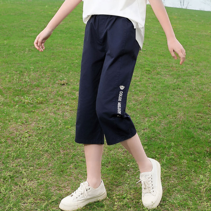 Middle School Girls' High-Waisted Loose-Fitting Summer Thin Casual Pants, Elastic Waist Mid-Length Pants for Junior High School Girls