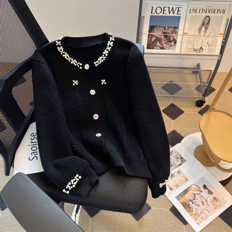 Gentle Style Solid Color High-Quality Chanel-Style Cardigan for Women, New Fashionable Design with Beading, Versatile Sweater for Autumn and Winter
