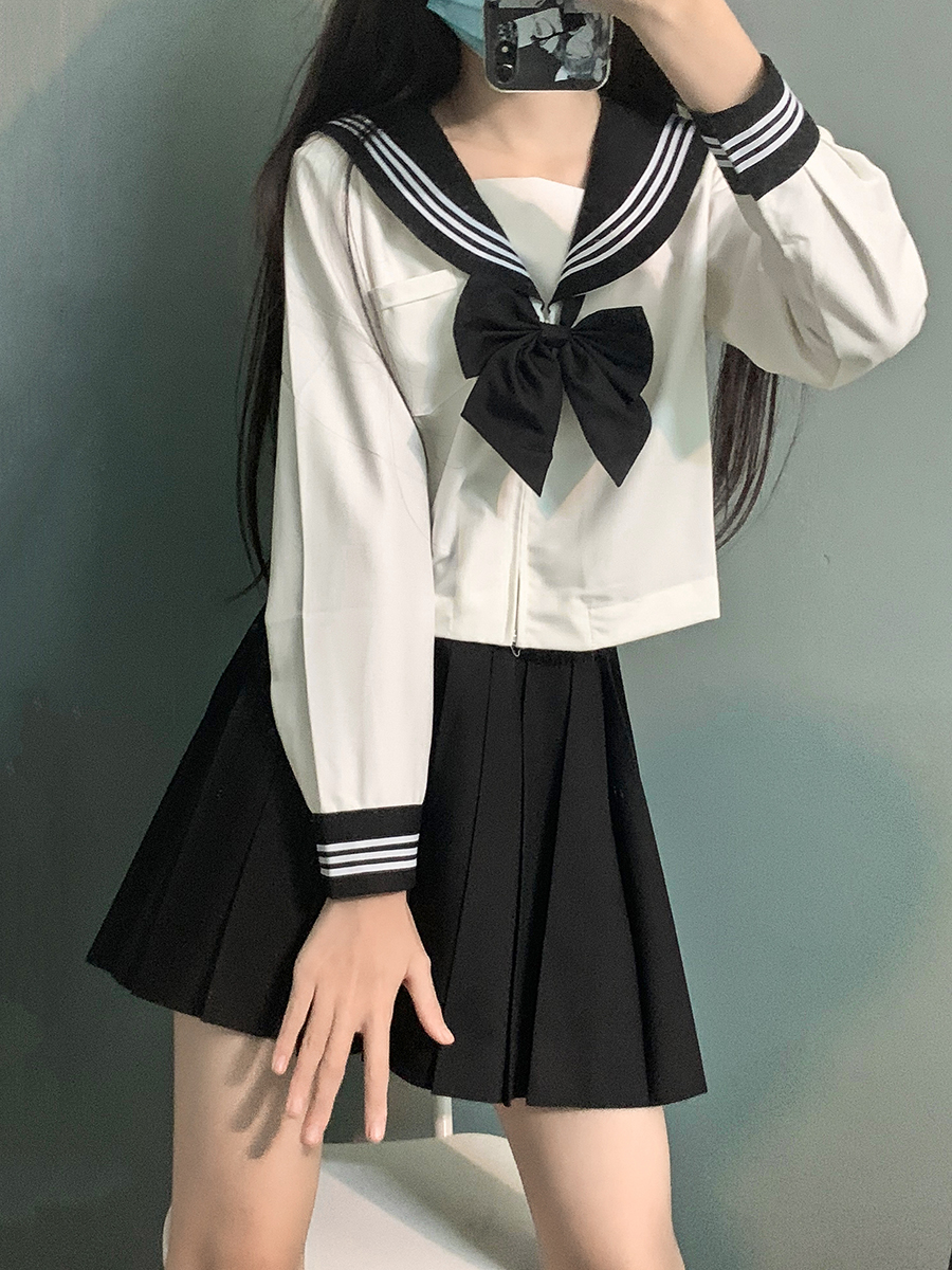 Spot sailor suit orthodox jk uniform suit basic black body white three summer clothes Japanese college style pleated skirt