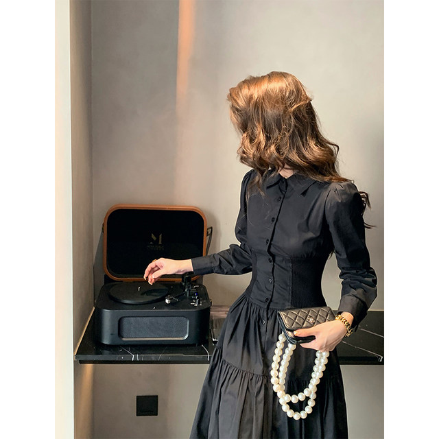 Shirt skirt spring women's 2023 new black Hepburn style high-end temperament French waist long-sleeved dress