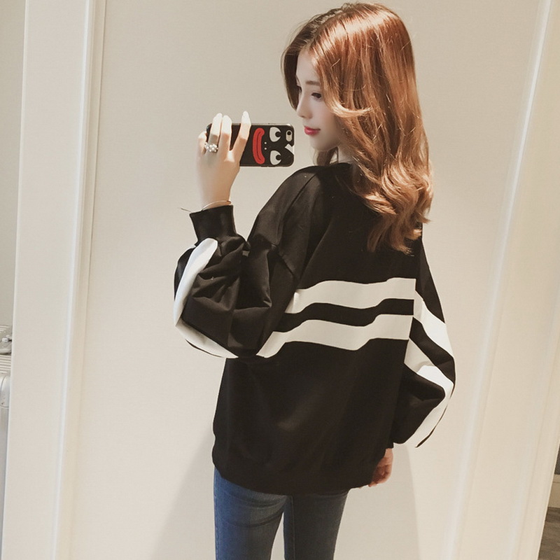 Top round neck pullover bf sweater Female student spring and autumn Korean version of the tide wild loose medium long version Long sleeve hooded thin section