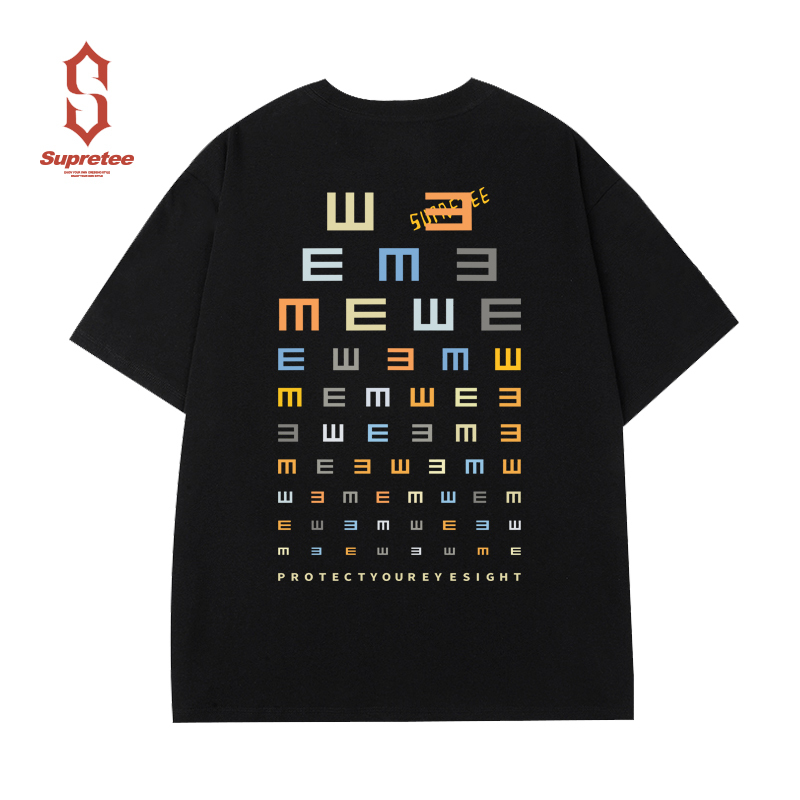 Song Jia Style National Trend Original Eye Chart Print Crew Neck Short Sleeve T-Shirt for Men, Large Size Loose Fit, Pure Cotton Summer