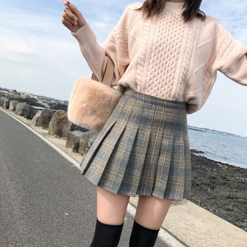 High waist pleated skirt short skirt women's autumn and winter 2022 spring and autumn new college style woolen plaid skirt a-line umbrella skirt