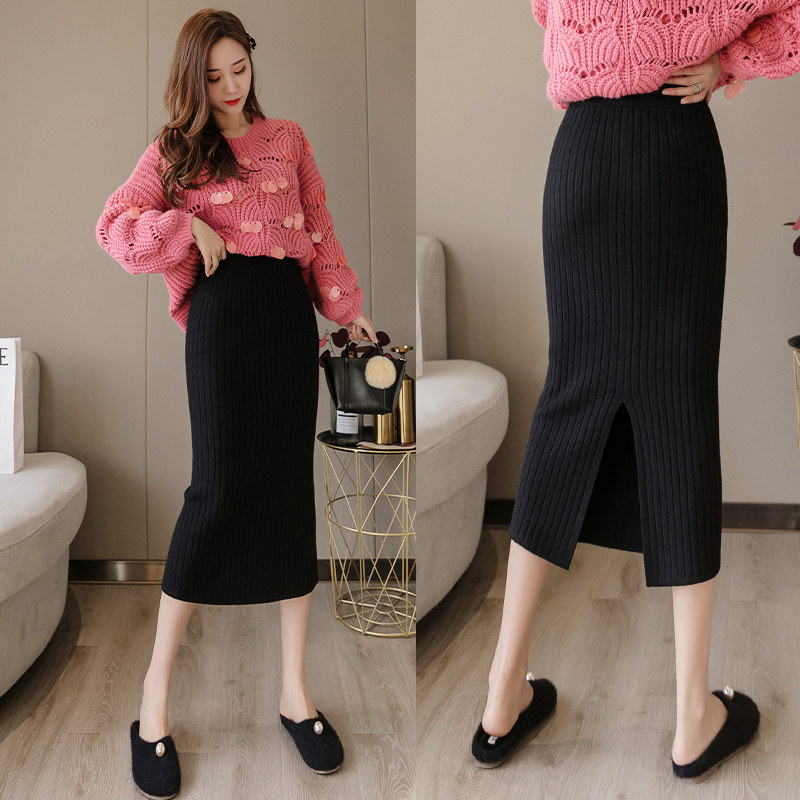 Knitted skirt women's split wool skirt mid-length version package hip skirt high waist large size fat m autumn and winter one step long skirt