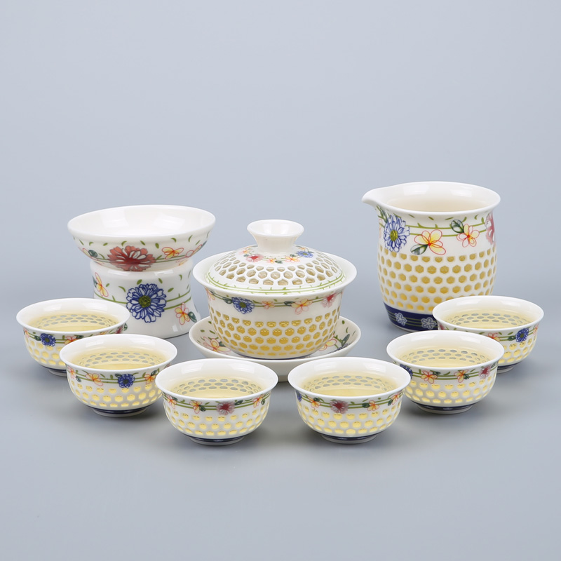 Blue and white porcelain tea set exquisite honeycomb hollow ceramic kung fu tea ice crystals honeycomb teapot teacup
