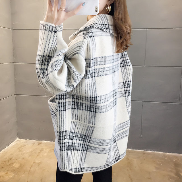 2024 new plaid woolen coat for women early spring suit collar mid-length coat spring thickened woolen top