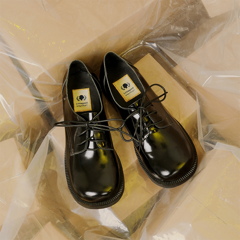 littlegood British big round head soft girl small leather shoes female 2022 new black flat shoes college style single shoes