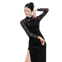 Fubo classical dance costume high slit black sequin womens skirt velvet cheongsam Chinese style long-sleeved performance costume