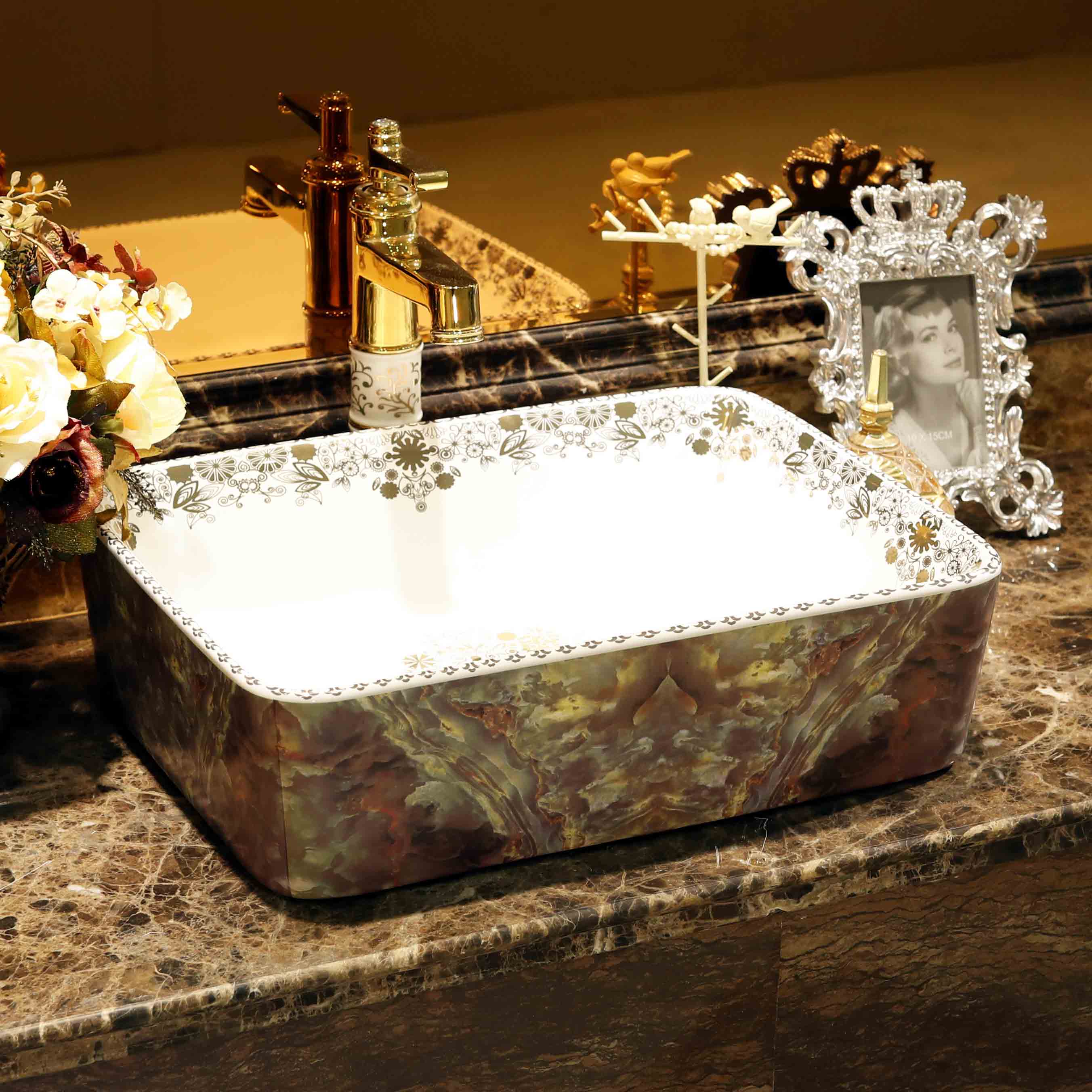 Gold cellnique jingdezhen ceramic lavatory bath art basin of Chinese style antique table face basin rectangular stone, jade