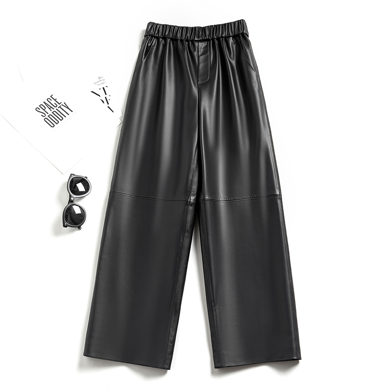 Genuine Leather Cropped Pants for Women, Casual Long Pants, 2026 Autumn and Winter New Style, Sheepskin, Korean Version, High-Waisted, Slimming, Straight-Leg Leather Pants