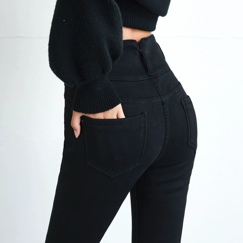 Утепленные черные цветные джинсы, зимние удерживающие тепло штаны, высокая талия, 2020, по фигуре, в обтяжку