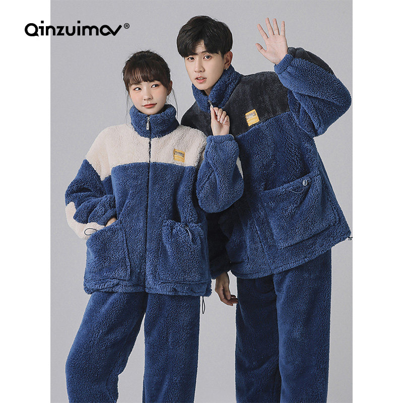 Pro-mouth cat lovers Coral Suede Sleeping Dress Lady Autumn Winter Style Plus Suede Thickened Men's Fever Suit Pants Flannel Suede