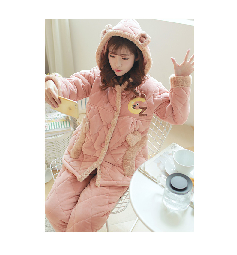 Kiss miệng mèo san hô nhung bộ đồ ngủ phụ nữ mùa đông dày ba lớp dài tay Hàn Quốc dễ thương phim hoạt hình cô gái dịch vụ nhà - Giống cái đồ bộ mặc nhà