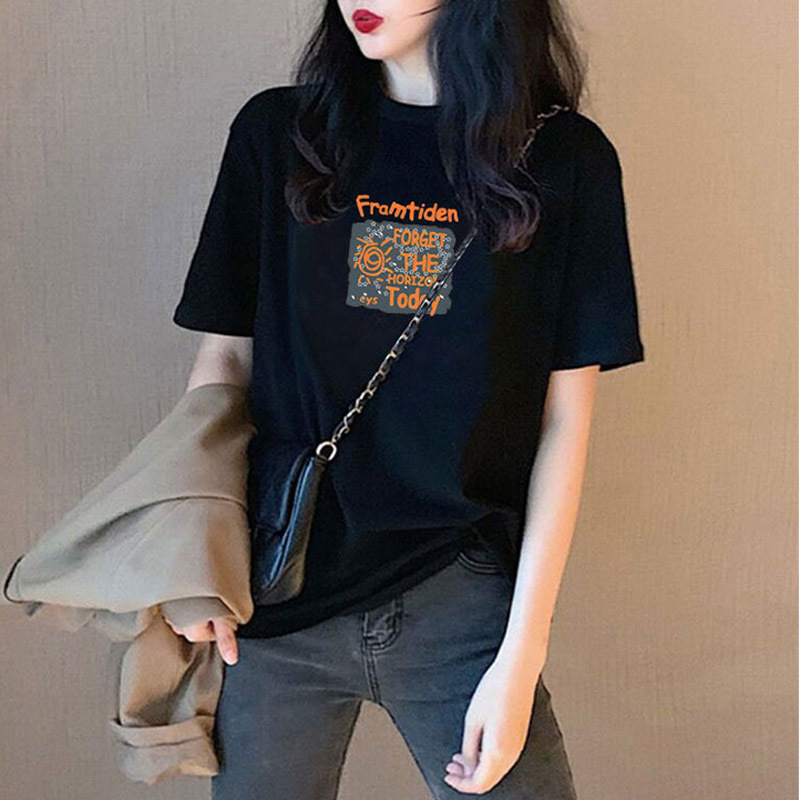 Black Pure Cotton Regular Shoulder Short-Sleeve T-Shirt for Women, Summer Thin Style with Letter Print, Korean Version, Loose Fit, Slimming Half-Sleeve Top for Women ins Trendy