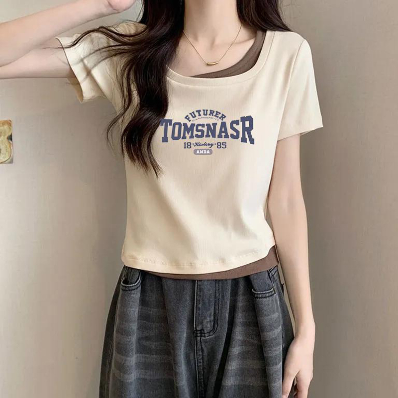 Fake Two-Piece Short-Sleeve American-Style Spicy Girl Retro T-Shirt for Women, Slim-Fit Short Top, Summer Color-Blocking Irregular Trendy Design Fake Two-Piece Short-Sleeve American-Style Spicy Girl Retro T-Shirt for Women, Slim-Fit Short Top, Summer Color-Blocking Irregular Trendy Design