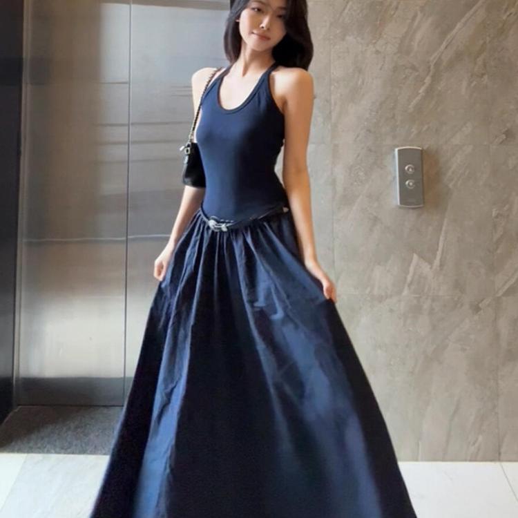 Navy Blue Knitted Patchwork Puffy Suspender Dress for Women, Spring and Summer, High-End Sleeveless Waist-Cinching Slimming Tank Dress