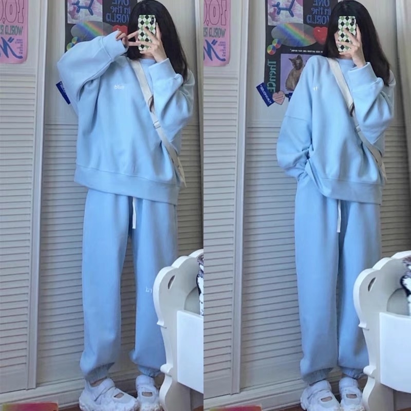 Running sports suit female students 2022 spring new long sleeves fashion casual Korean version small two sets of damp