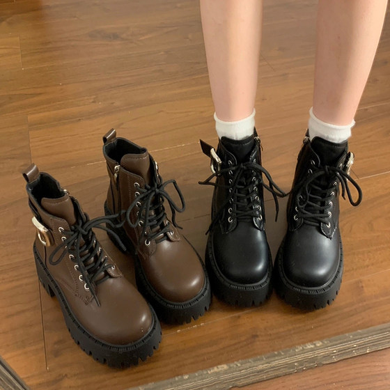 厚底英伦风马丁靴女款2025春季新款网红爆款小个子增高黑色短靴子