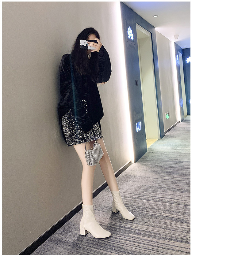 Челси сапоги 方头短靴女2025年新款春季季单靴韩版百搭后拉链粗跟马丁靴裸靴子 Good Ba Shi