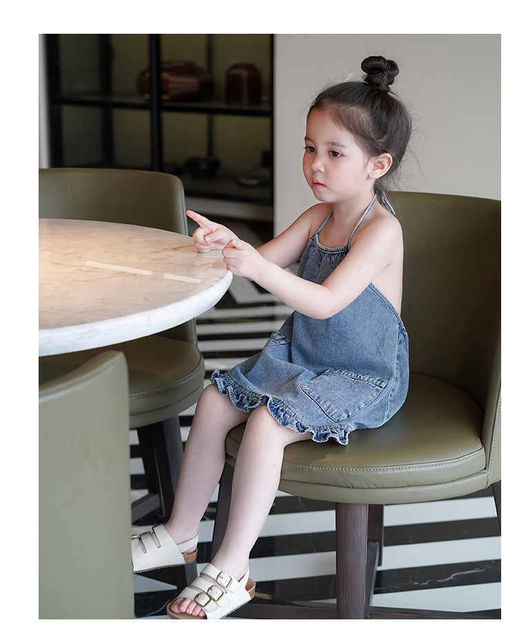 Детская джинсовая юбка anniegirl挂颈牛仔裙女童夏装清凉花边宝宝覆古水洗软牛仔裙子夏