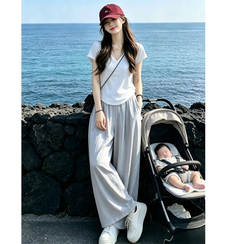 Pure Cotton Nursing Top Set for Summer, Postpartum Outing Cotton-Linen Wide-Leg Pants, Nursing T-Shirt, Belly-Covering, Trendy Mom Two-Piece Set Pure Cotton Nursing Top Set for Summer, Postpartum Outing Cotton-Linen Wide-Leg Pants, Nursing T-Shirt, Belly-Covering, Trendy Mom Two-Piece Set