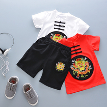Childrens T-shirt short-sleeved shorts set Chinese style retro new childrens clothing for men and women babies 1-4 years old childrens suit summer