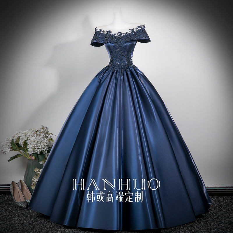 One-Shoulder Navy Blue Evening Dress for Women, High-End Host Student Vocal Performance Exam Dress, Performance Dress with a Puffy Skirt