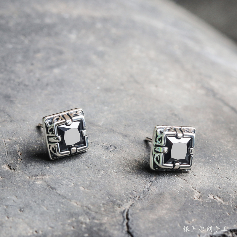 s925 sterling silver ear needle black agate retro carved men and women simple and versatile personality earrings hypoallergenic ear jewelry
