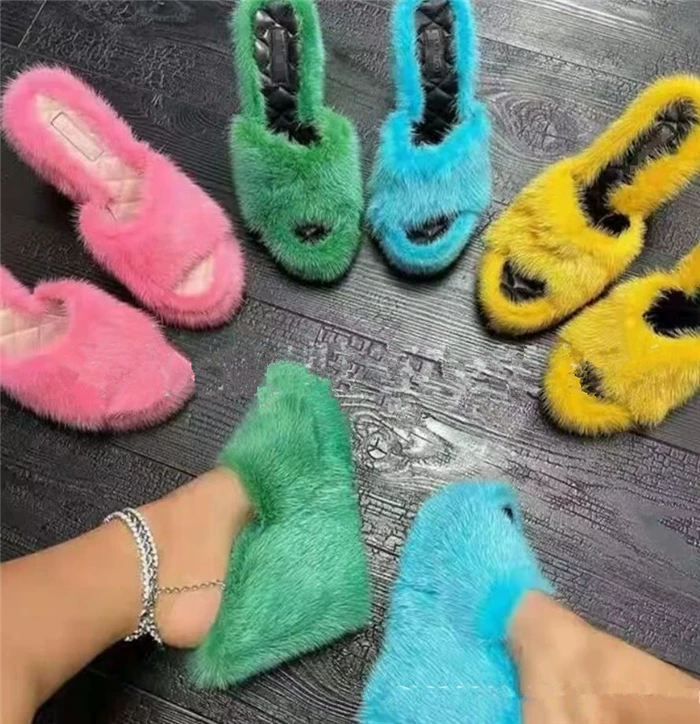 Европейские и американские шерстяные тапочки женские с мехом Fleece Fur Slippers Сандалии для женщин