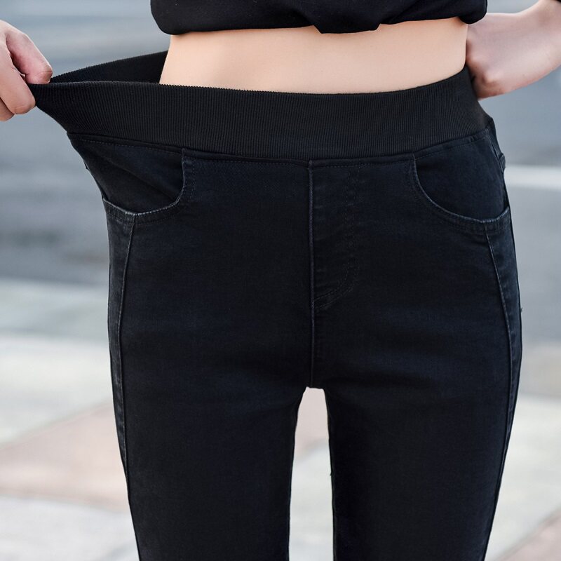 Large size elastic waist denim leggings women 200kg fat MM slim high waist 2021 autumn and winter plus velvet pants tide
