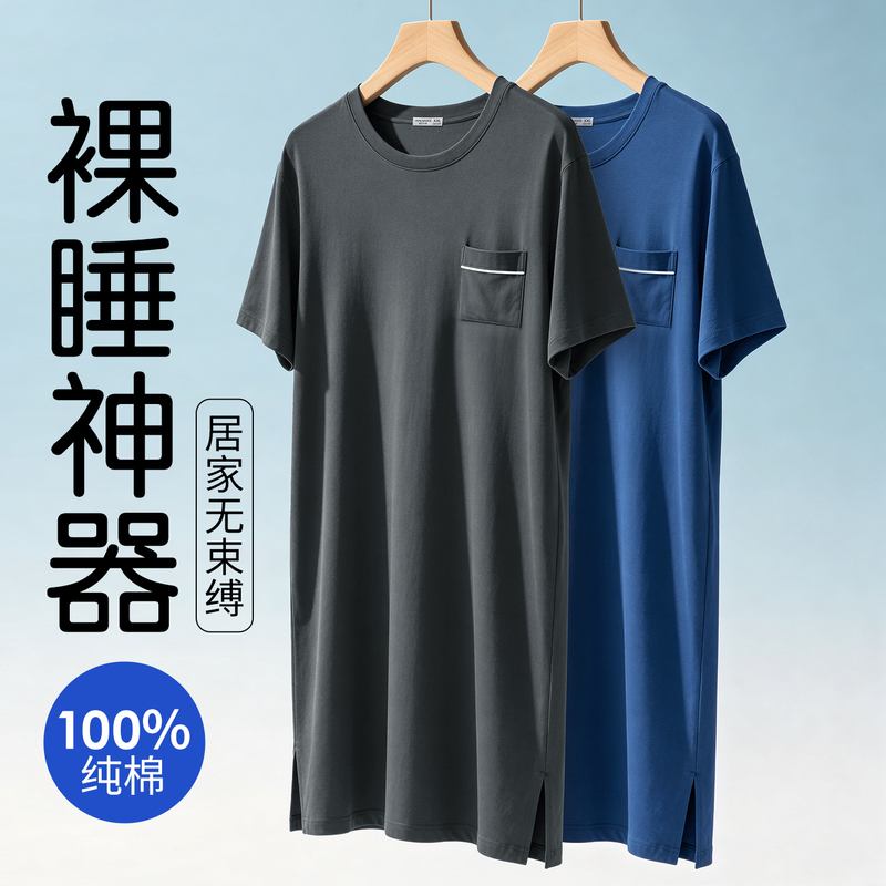 Men's Nightgown 100% Pure Cotton One-Piece Short-Sleeved Mid-Length Loose Large Size Nightgown No Need to Wear Underwear for Sleeping Naked Men's Nightgown 100% Pure Cotton One-Piece Short-Sleeved Mid-Length Loose Large Size Nightgown No Need to Wear Underwear for Sleeping Naked