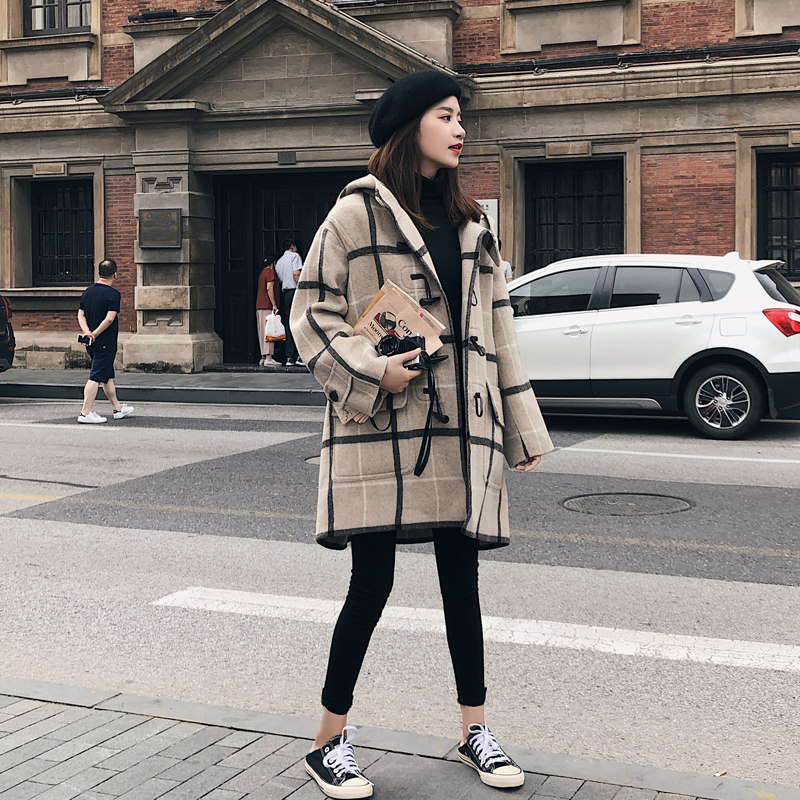 majewuyu plaid double-sided cashmere coat women's 2021 winter new small loose all-match hooded coat