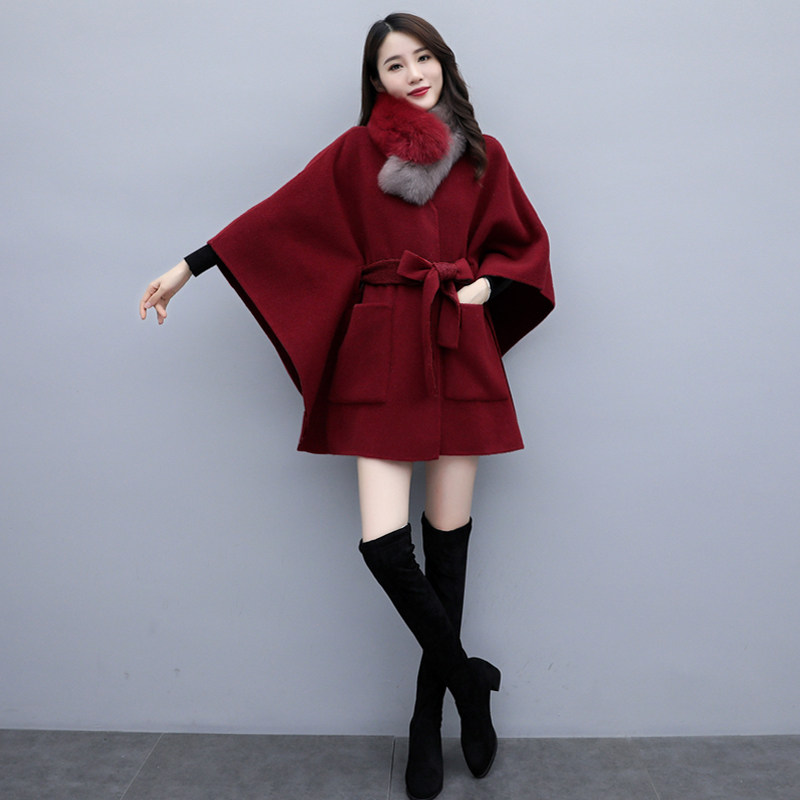 majewuyu cloak bifacial cashmere big coat woman winter Inn wind medium long version loose wine red shawl jacket