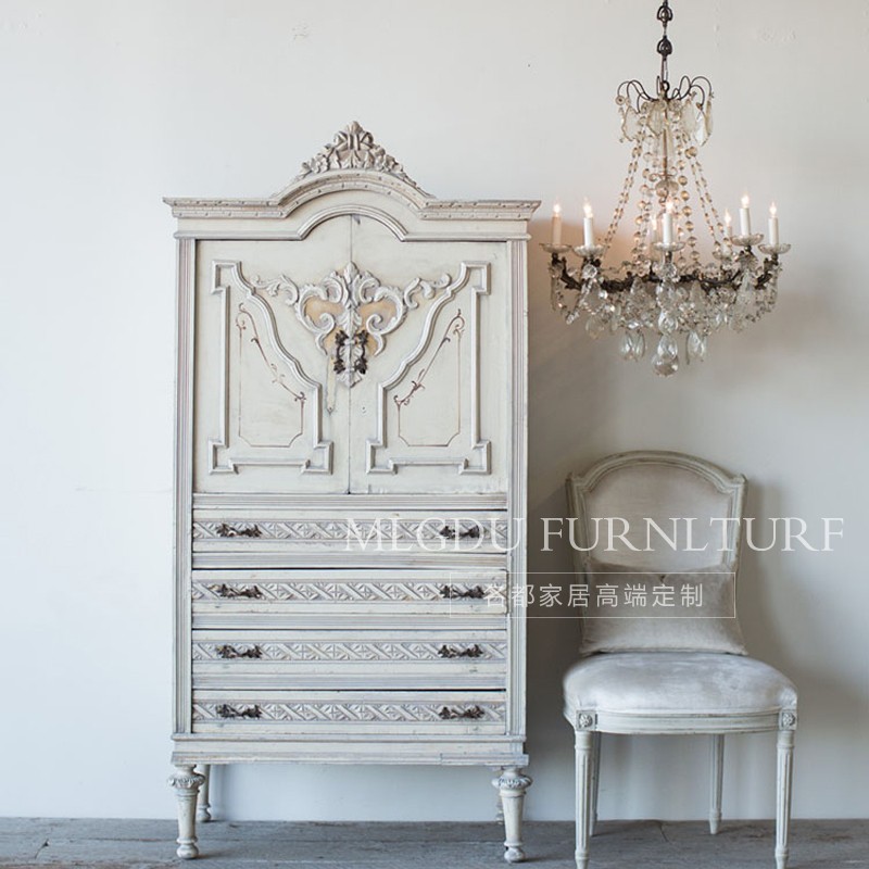 Solid Wood Double Door Wine Cabinet Wardrobe American Countryside Containing Cabinet Imitation Ancient White Made Old Bull Bucket Carved Display Cabinet Bookcase