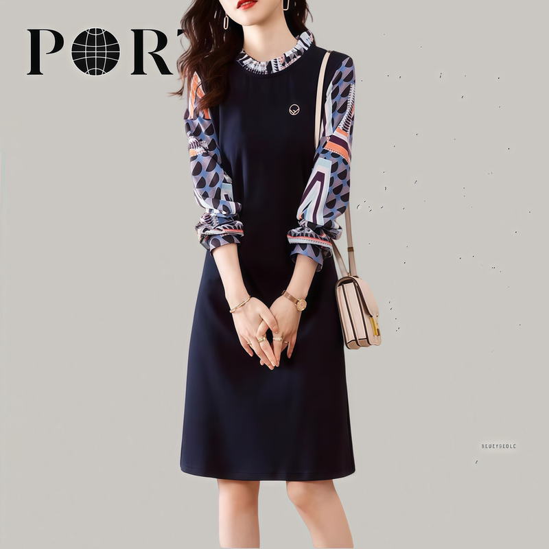 Authentic Brand-Name French-Style Spring/Summer Acetate Fiber Straight-Leg Patchwork Faux Two-Piece Age-Reducing Floral Chic Dress