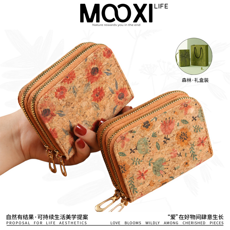 Mooxi Bark Cork Wallet Retro Ethnic Style Zipper Wallet Card Holder Women's Short Travel Souvenir Gift