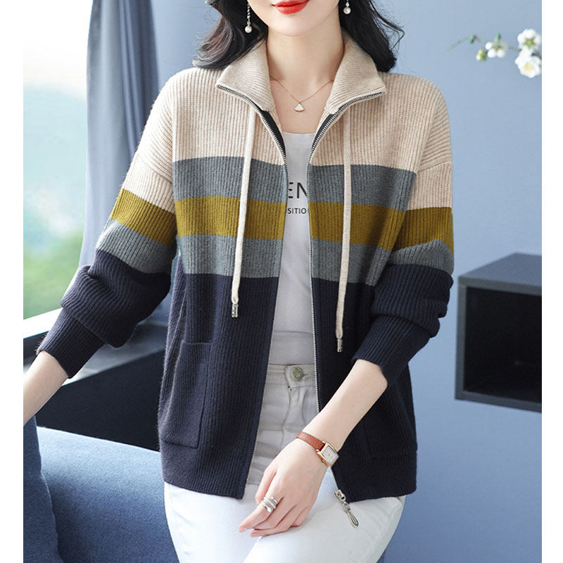 2026年春新作 ストライプ柄スタンドカラー マザーズ ハイエンド セーター カーディガン、お腹をカバー、カジュアルなカラーブロック ラペル ニット カーディガン