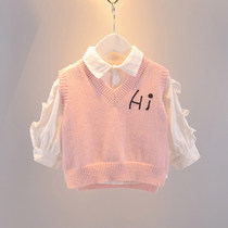 2021 Girl Foreign Air Autumn Clothing Baby Wool Line Horse Chia Shirt Lap collar Lace Sleeves Womens Baby Fall Two sets