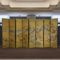 New Chinese hand-painted thousand miles of rivers and mountains landscape folding mobile solid wood screen lacquer painting living room partition background customization