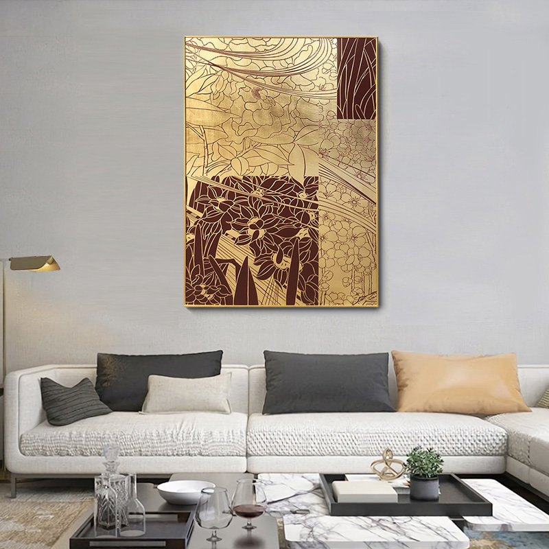 Living room decoration painting vertical sofa background wall decoration three-dimensional hanging painting simple modern carving gold foil lacquer painting