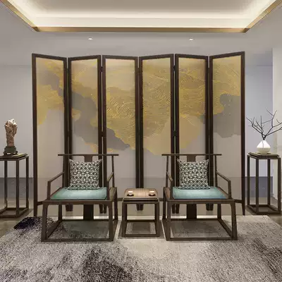 New Chinese style hand-painted abstract folding mobile screen Simple solid wood entrance living room office decoration custom partition