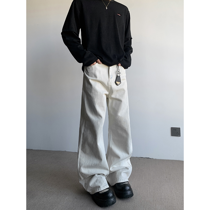 Plth* Slightly Flared White Straight-Leg Pants, Slimming Cleanfit Pants, Blue Distressed Wash Men's and Women's Jeans