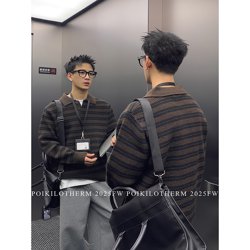 Plth* Retro Color-Block Striped Polo Collar Long-Sleeve Top for Men, Winter Loose Casual Lazy High-End Sweater