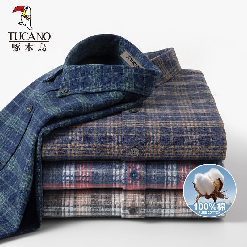 Woodpecker Spring New Pure Cotton Brushed Shirt Men's Long-Sleeved Plaid Middle-Aged Casual Cotton Shirt Dad's Outfit